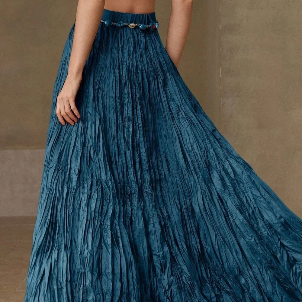 Baby Blue Elegant Women's Textured High Waist Maxi Skirt